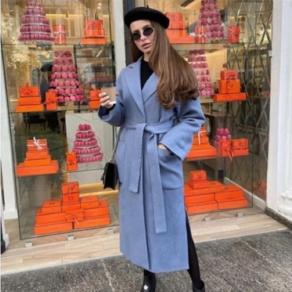 Zara Blue Belted Overcoat